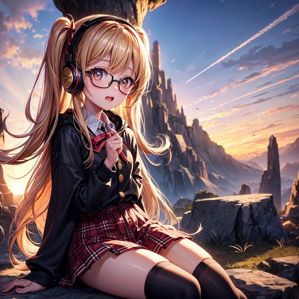 Pink gold golden hair、Golden Eyes、One good looking girl、Twin tails、solo、anime、Checkered mini skirt、The skirt has buttons、Red T-shirt、Long sleeve、China、Cape、Black knee-high socks、Wearing headphones、Wearing a ribbon、Ribbon on waist、Tilting face、Teeth are visible、Sunset sky、The rocks are exploding、Rocky Mountain、The clouds are breaking through、Contrail、Glasses、Behind him is a giant World Tree piercing the clouds.、Sitting、Touching your face、lotus、stream