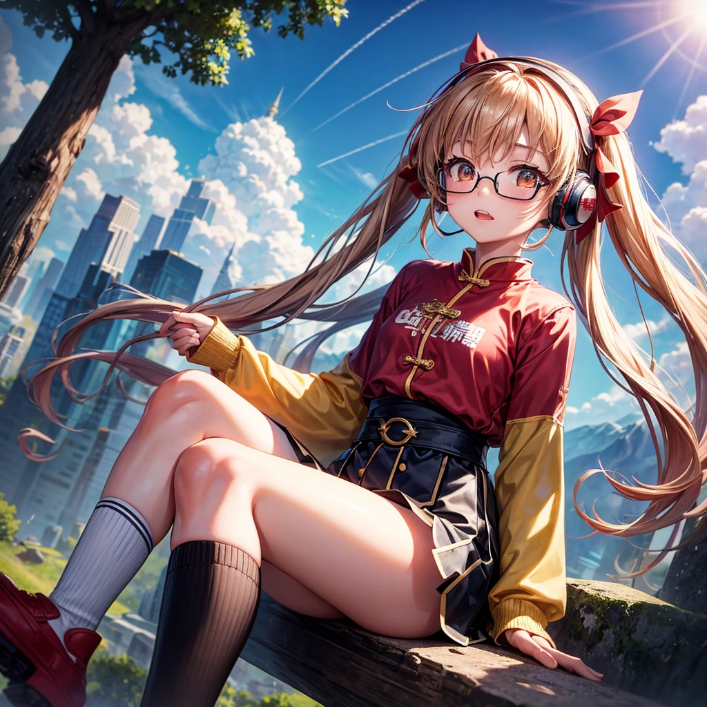 Pink gold golden hair、Golden Eyes、One good looking girl、Twin tails、solo、anime、Checkered mini skirt、The skirt has buttons、Red T-shirt、Long sleeve、China、Cape、Black knee-high socks、Wearing headphones、Wearing a ribbon、Ribbon on waist、Tilting face、Teeth are visible、Sunset sky、The rocks are exploding、Rocky Mountain、The clouds are breaking through、Contrail、Glasses、Behind him is a giant World Tree piercing the clouds.、Sitting、Touching your face、lotus、stream