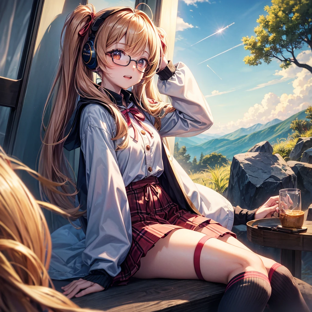 Pink gold golden hair、Golden Eyes、One good looking girl、Twin tails、solo、anime、Checkered mini skirt、The skirt has buttons、Red T-shirt、Long sleeve、China、Cape、Black knee-high socks、Wearing headphones、Wearing a ribbon、Ribbon on waist、Tilting face、Teeth are visible、Sunset sky、The rocks are exploding、Rocky Mountain、The clouds are breaking through、Contrail、Glasses、Behind him is a giant World Tree piercing the clouds.、Sitting、Touching your face、lotus、stream