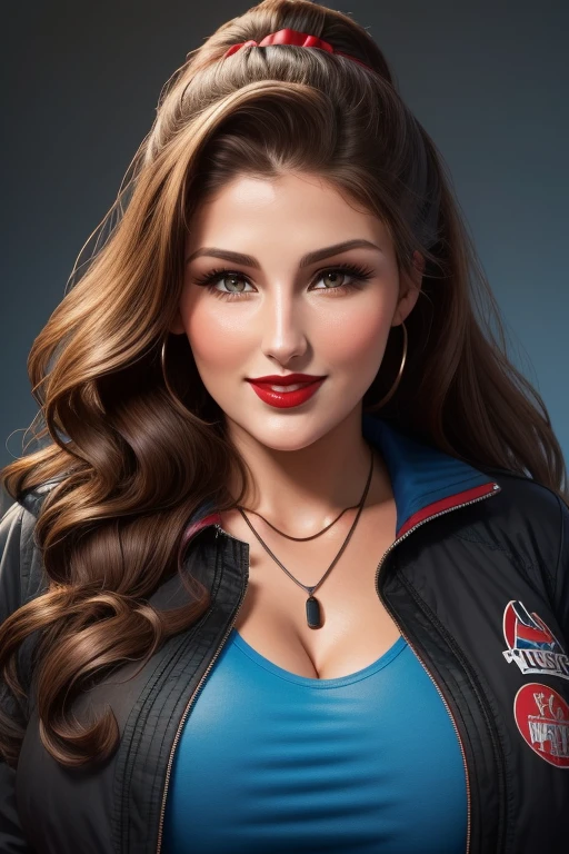 Lucy Pinder, Face portrait, face, neckline, ((red lipstick)), smiling, wavy hair, brown hair, ponytail, ((blue t-shirt)), ((black jacket)), necklace, very chubby woman