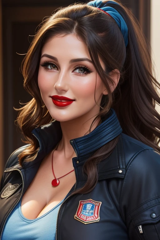 Lucy Pinder, Face portrait, face, neckline, ((red lipstick)), smiling, wavy hair, brown hair, ponytail, ((blue t-shirt)), ((black jacket)), necklace, very chubby woman