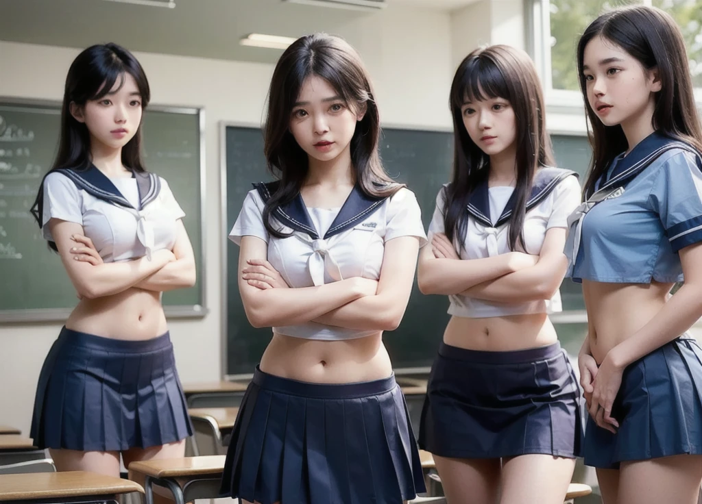 Group of Woman in front of classroom, ((white crop top sailor suit)), blue student skirts, open navel, open belly, (show abdomen area), ((((arms crossed over chest)))), crying, standing , (ready for punishment)