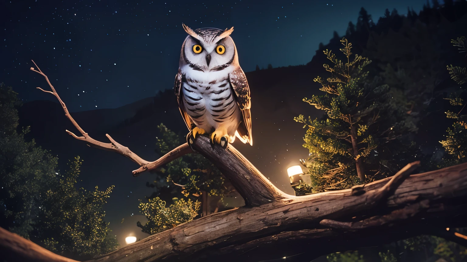 Owl figurine perched on a tree branch at night, Pixar Style