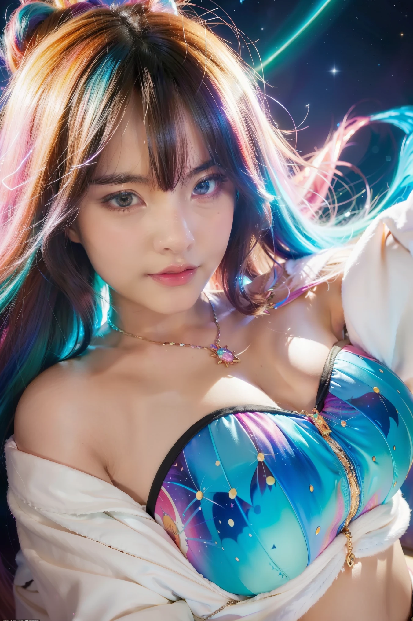 Close-up of a woman with colorful hair and necklace, anime girl with cosmic hair, Rossdraws' soft vibrancy, Gouviz-style artwork, fantasy art style, colorful], vibrant fantasy style, Rossdraws cartoon full of energy, cosmic and colorful, Guweiz, colorful digital fantasy art, stunning art style, beautiful anime style, white skin, night coat,