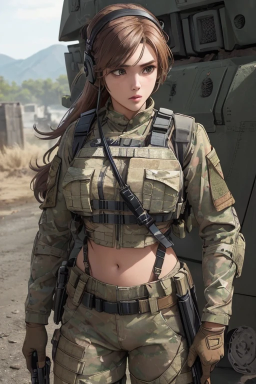 ((a woman in a white outfit holding a rifle and wearing headphones)), 24-year-old woman, Filipino woman, tan bronze skin, soldier girl, mechanized soldier girl, military girl, beautiful female soldier, female lead character, infantry girl, of a sniper girl in war, solo female character, future combat gear, close up half body shot, ((Women in crop top military bulletproof vest)), (showing navel), quiet from metal gear solid v, wearing tactical gear, dressed in tactical armor, (aiming rifle)