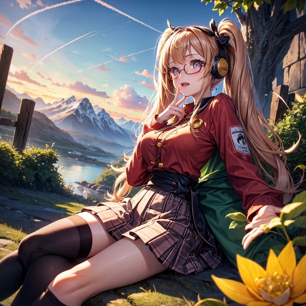 Pink gold golden hair、Golden Eyes、One good looking girl、Twin tails、solo、anime、Checkered mini skirt、The skirt has buttons、Red T-shirt、Long sleeve、China、Cape、Black knee-high socks、Wearing headphones、Wearing a ribbon、Ribbon on waist、Tilting face、Teeth are visible、Sunset sky、The rocks are exploding、Rocky Mountain、The clouds are breaking through、Contrail、Glasses、Behind him is a giant World Tree piercing the clouds.、Sitting、Touching your face、lotus leaves、stream