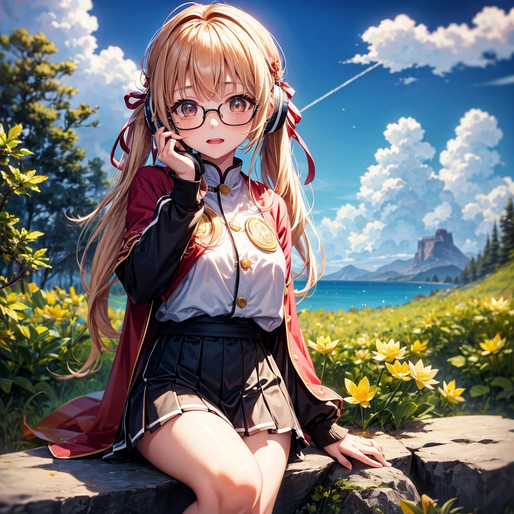 Pink gold golden hair、Golden Eyes、One good looking girl、Twin tails、solo、anime、Checkered mini skirt、The skirt has buttons、Red T-shirt、Long sleeve、China、Cape、Black knee-high socks、Wearing headphones、Wearing a ribbon、Ribbon on waist、Tilting face、Teeth are visible、Sunset sky、The rocks are exploding、Rocky Mountain、The clouds are breaking through、Contrail、Glasses、Behind him is a giant World Tree piercing the clouds.、Sitting、Touching your face、lotus leaves、stream