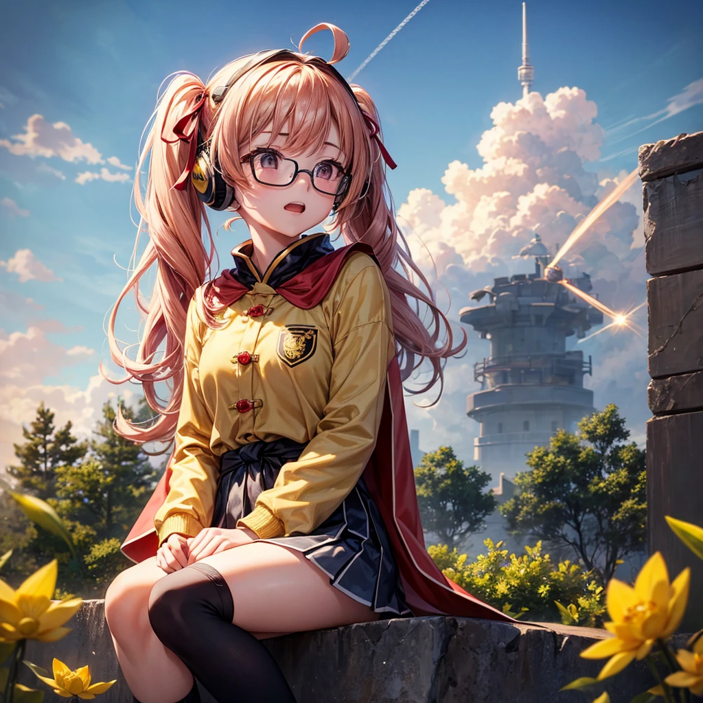 Pink gold golden hair、Golden Eyes、One good looking girl、Twin tails、solo、anime、Checkered mini skirt、The skirt has buttons、Red T-shirt、Long sleeve、China、Cape、Black knee-high socks、Wearing headphones、Wearing a ribbon、Ribbon on waist、Tilting face、Teeth are visible、Sunset sky、The rocks are exploding、Rocky Mountain、The clouds are breaking through、Contrail、Glasses、Behind him is a giant World Tree piercing the clouds.、Sitting、Touching your face、lotus leaves、stream