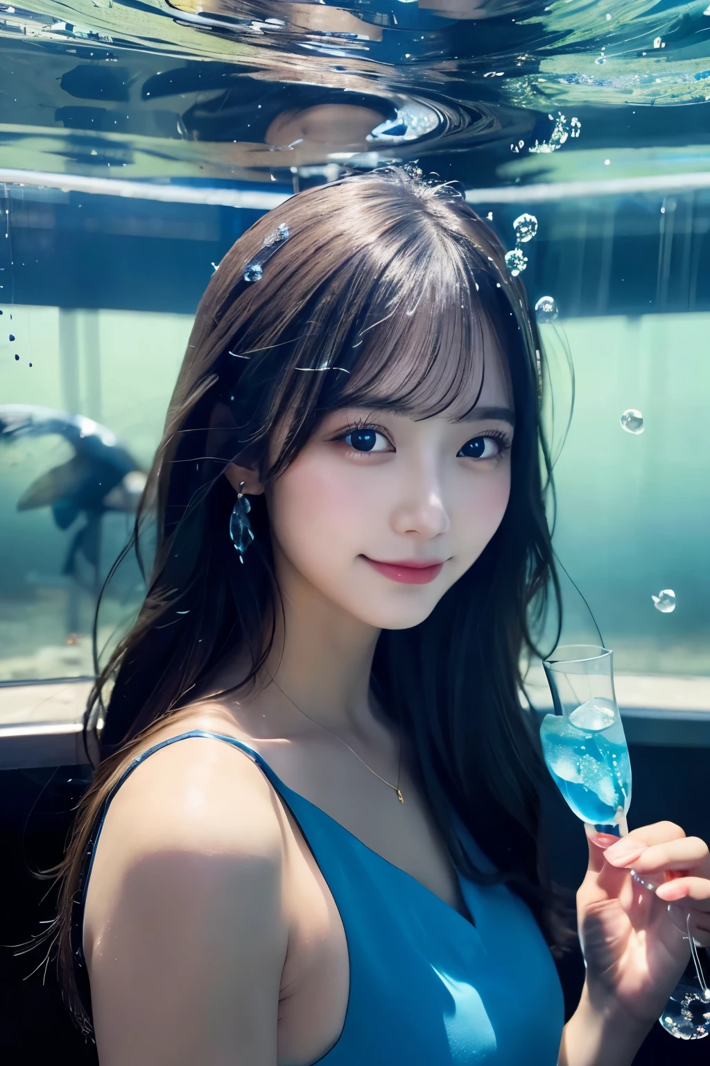 masterpiece , Realistic , High resolution, Girl holding a glass of blue water , Water splashes on glass, Long Hair Girl, In the style of realism, Gombi, beautiful girl, Simple Background, Lots of bubbles around ,