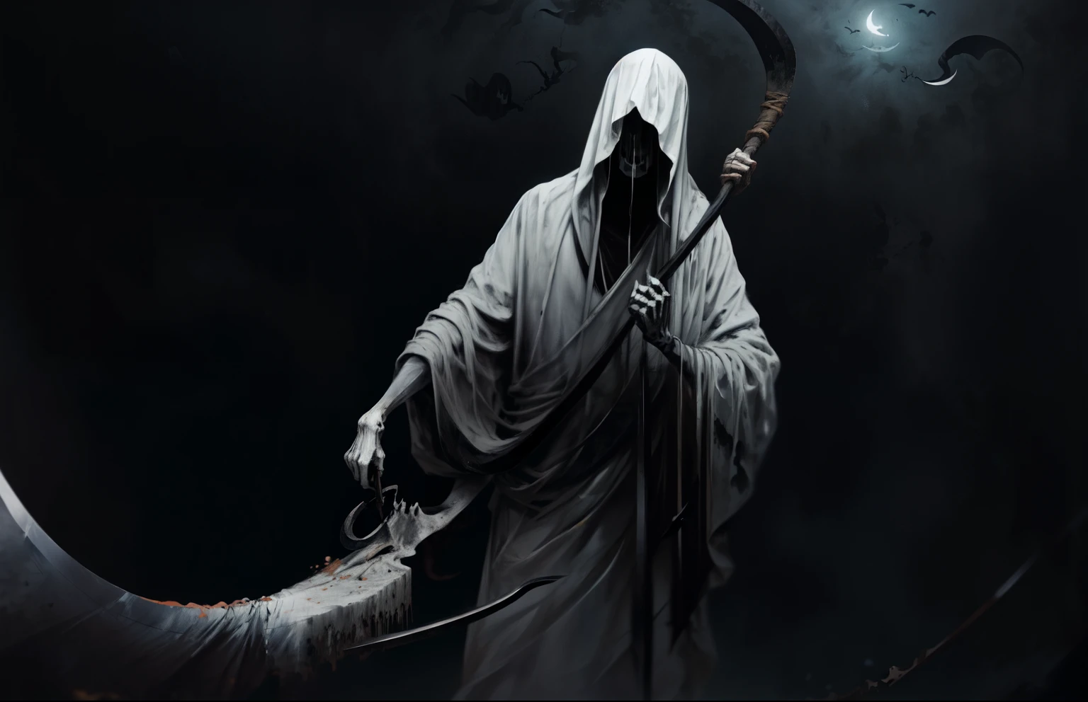 ghost, white robe, holding( black scythe:1.342) g0s1, skeleton hand,night,floating in air, above ground,