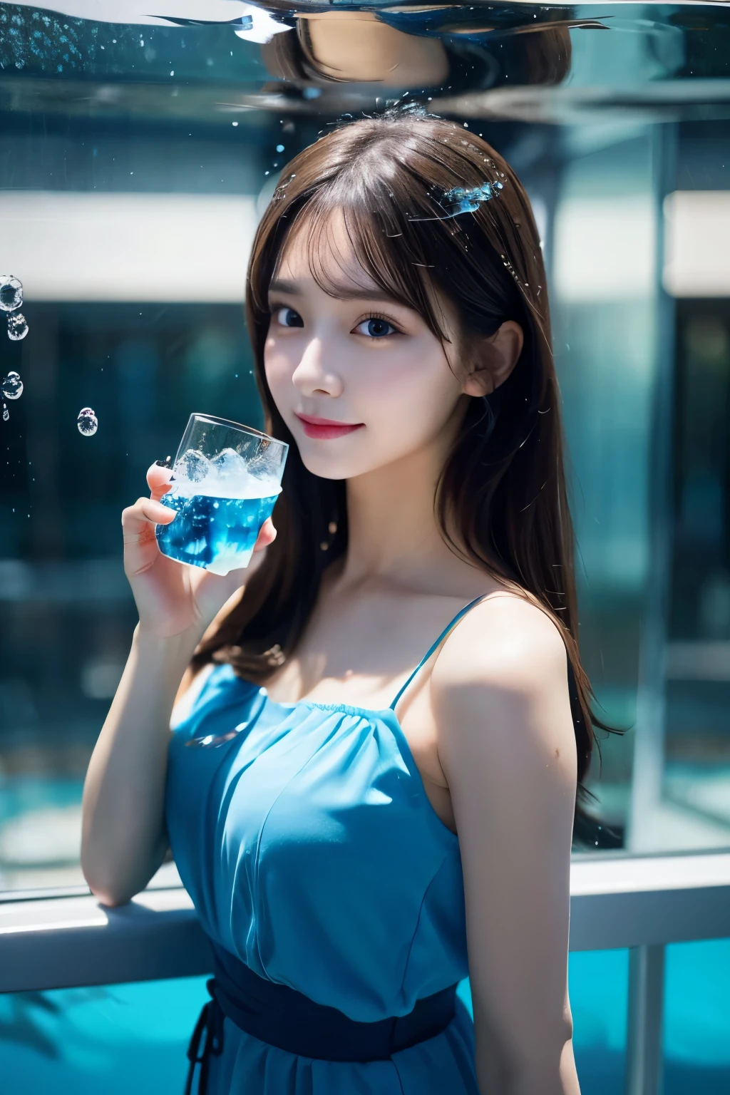 masterpiece , Realistic , High resolution, Girl holding a glass of blue water  , Water splashes on glass, Long Hair Girl, In the style of realism,  Gombi,  beautiful girl,  Simple Background, Lots of bubbles around ,