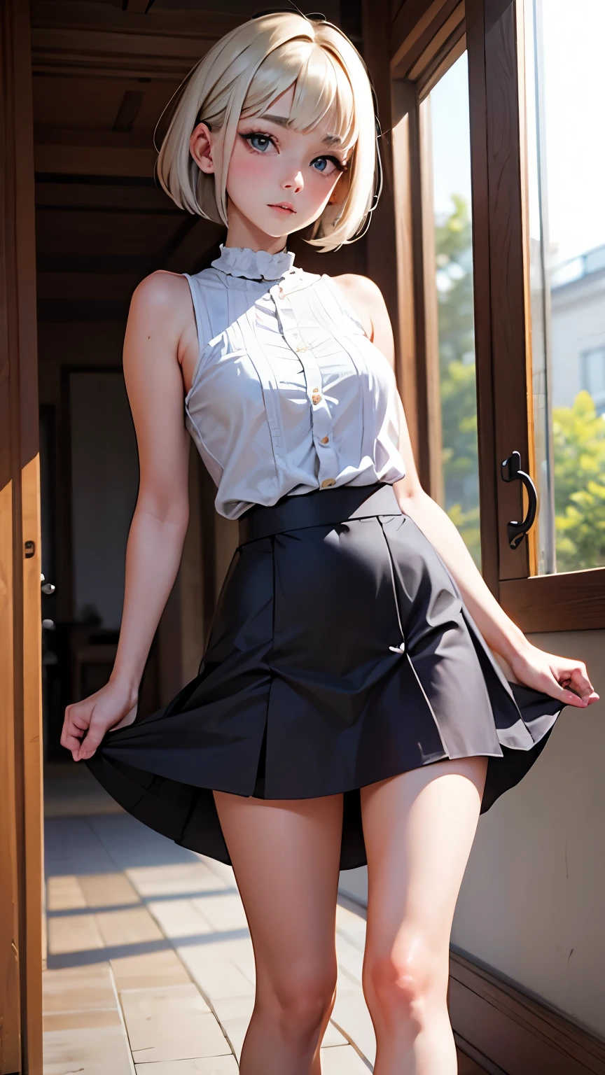 (sfw:1.5),(masterpiece:1.2, Highest quality), (Realistic, photoRealistic:1.4), Beautiful illustrations, (Natural Side Lighting, Cinema Lighting), Written boundary depth,
Looking at the audience, Front view, 1 Girl, Primary school students, 12 years old, Baby Face,Perfect Face, Cute symmetrical face, No makeup, Shiny skin, Leg spread,
(Bob Hair:1.7,blonde), Asymmetrical bangs, Big eyes, Droopy eyes, long eyelashes chest), thin, body type,
Beautiful Hair, Beautiful Face, Beautiful and beautiful eyes, Beautiful clavicle, Beautiful body, Beautiful breasts, Beautiful thighs, Beautiful legs, Beautiful fingers,
((High-quality fabric, Short sleeve white collar shirt, Navy Pleated Skirt)),
(Beautiful views), evening, (Inside the flower shop), Are standing, (smile), (((Skirt flip, Black panties))), Full Body Shot, Dark blue socks,