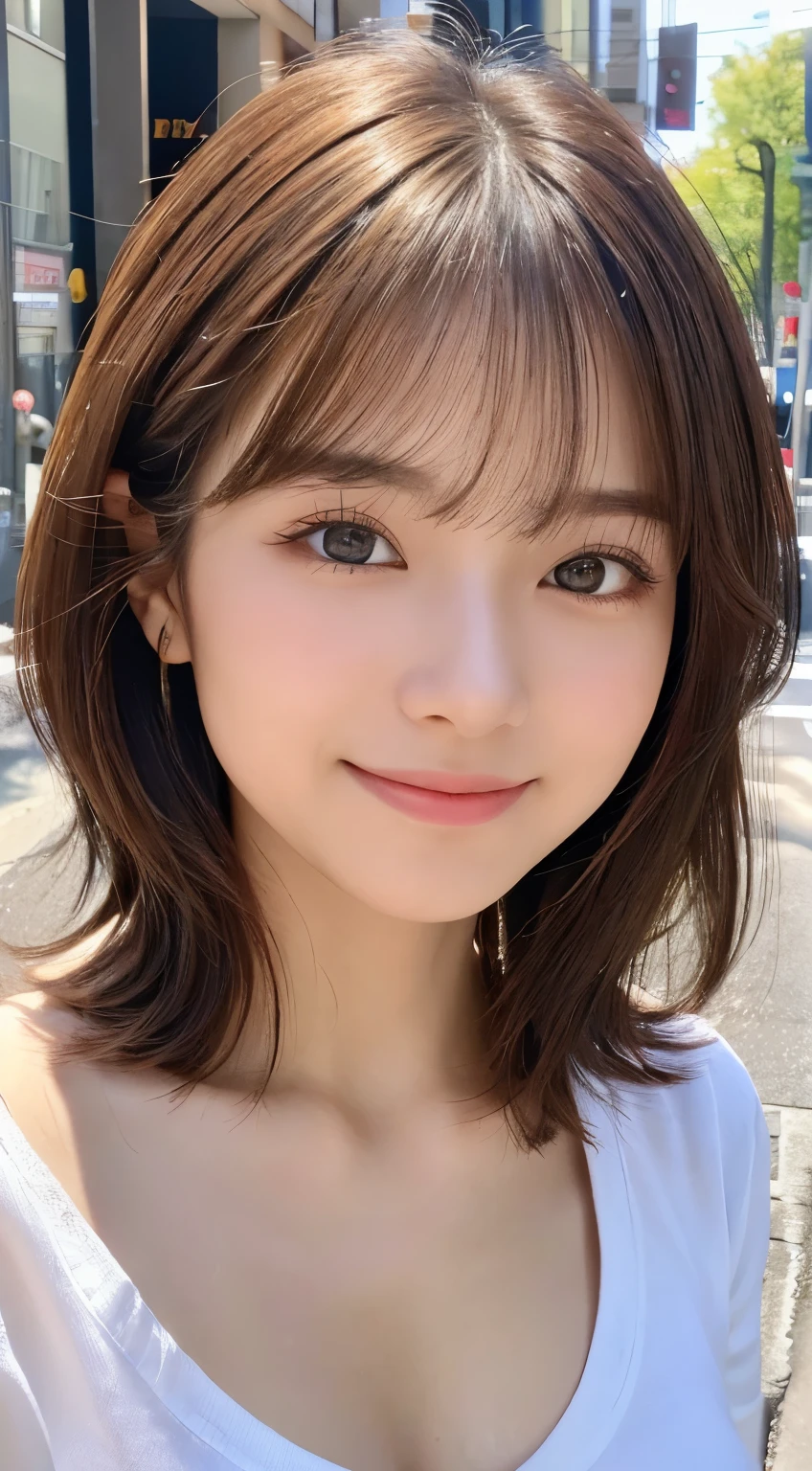 (highest quality,8K quality,masterpiece:1.3,),(超A high resolution:1.3,Photorealistic:1.4,Raw photo:1.2),(Ultra-detailed:1.2,Glowing Skin,Detailed skin:1.1),(Detailed face,Perfect Anatomy,Caustics:1.2), (Symmetrical eyes:1.3),1 girl,cute,Japanese,22 years old,Japanese Ido,Natural brown hair,Short hair curled outwards,cute目,Natural Makeup,Oversized T-shirt,Laughter,Looking at the camera,On the face,Face Focus,Street Corner,Professional Writing,Natural soft light,Clothes that reveal cleavage