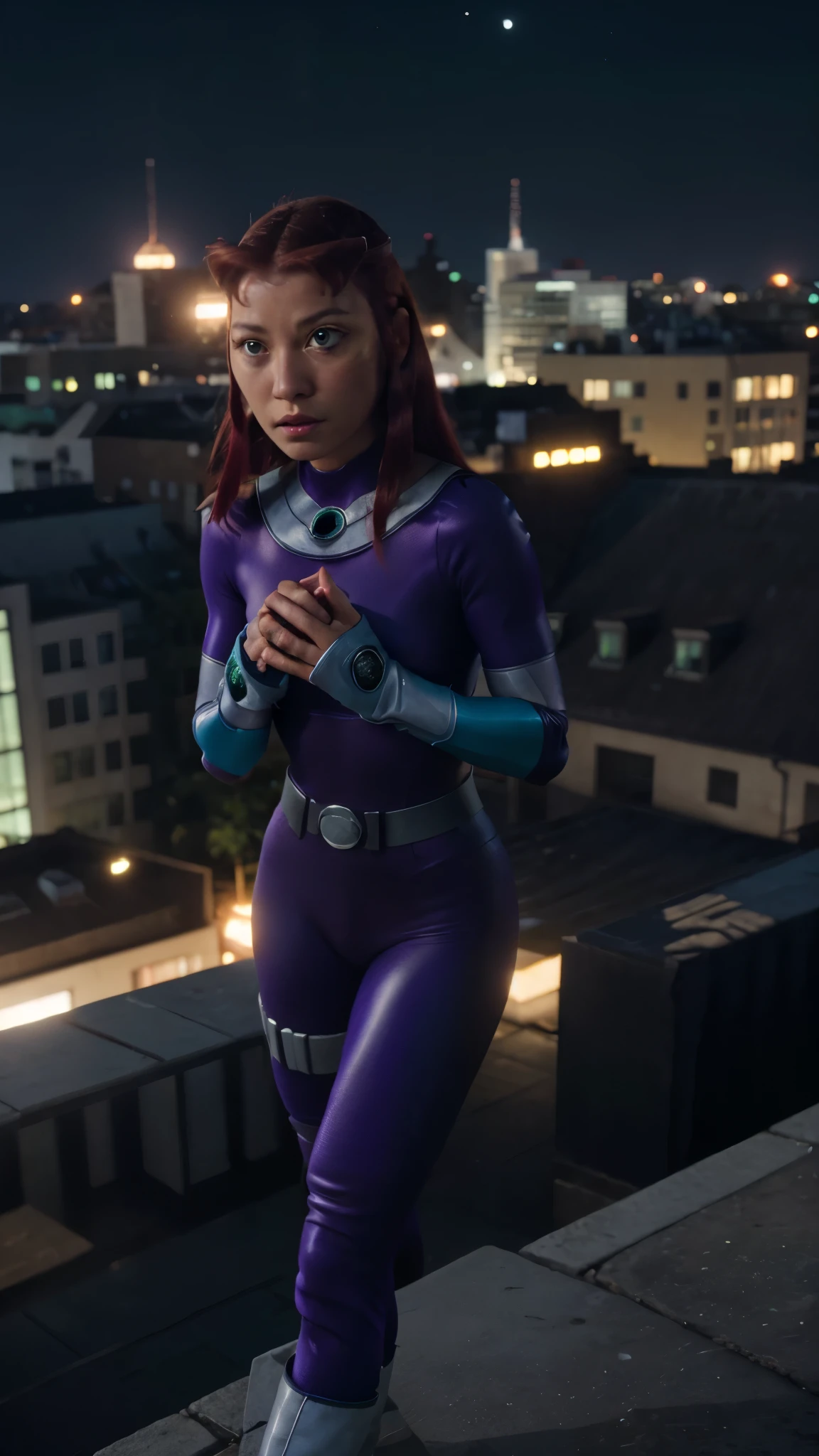 Starfire-Teen Titans, orange skin, solo, red hair, gloves, 1girl, action shot, girl focus, boots, belt, abs, skin tight, realistic, superhero, spandex, (bodysuit), green eyes, detailed eyes, city, night, moon, ultra realistic,32k,RAW photo,(high detailed skin:1.2), 8k uhd, dslr, soft lighting, high quality, film grain, GLOWING GREEN HANDS, hovering in the sky, photo-realistic, octane render, unreal engine, ultra-realistic