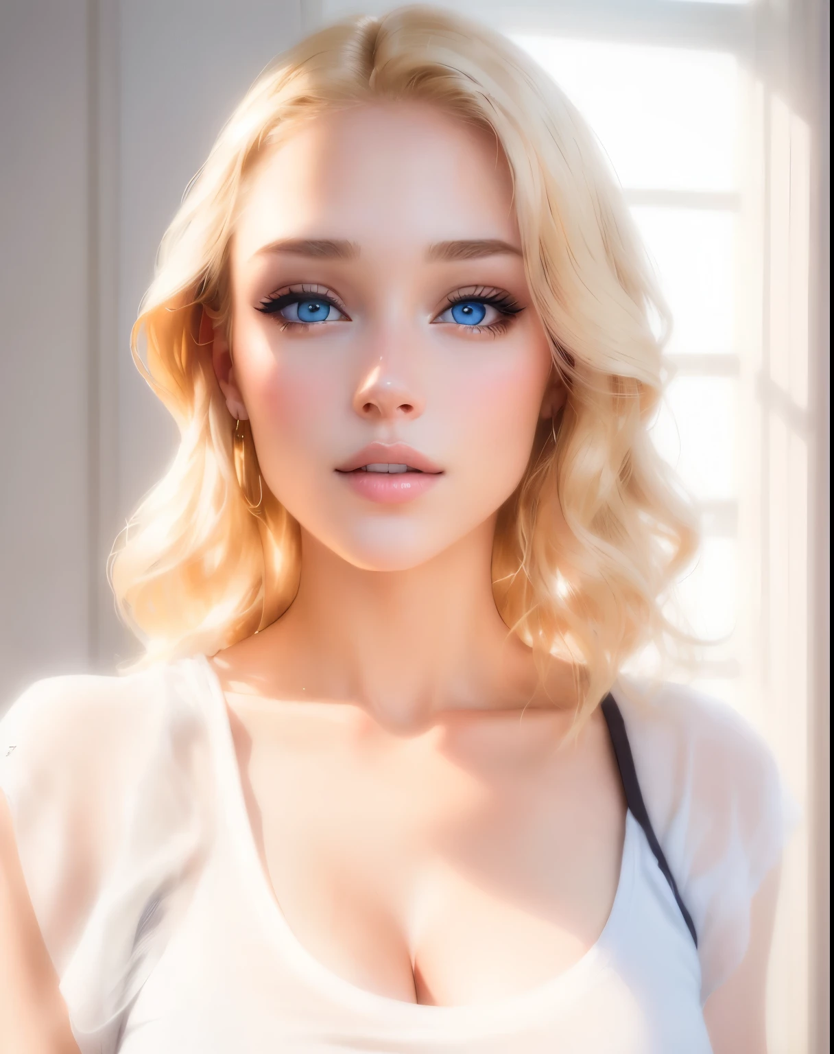 Caucasian woman, ((blonde hair)), (((curly hair))), long hair, olive green eyes, lined eyes, shiny eyes, highlights blue eyes, red lipstick, makeup, smile, (athletic body), ((small breasts)), nipples, (((white top))), ((Low-cut top)), Front shot.