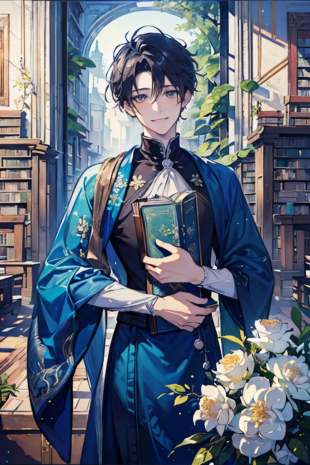 (male:1.35)、(masterpiece、highest quality、highest quality、Beautiful and beautiful:1.2)、(Good anatomy:1.5)、Painting of a male with milky glay longstraight hair、Shy smile、Sparkling Eyes、looking at the camera、Emerging from among the flowers and leaves、(Library room:1.45)、smile、(dictionary:1.2)、Close-up of face