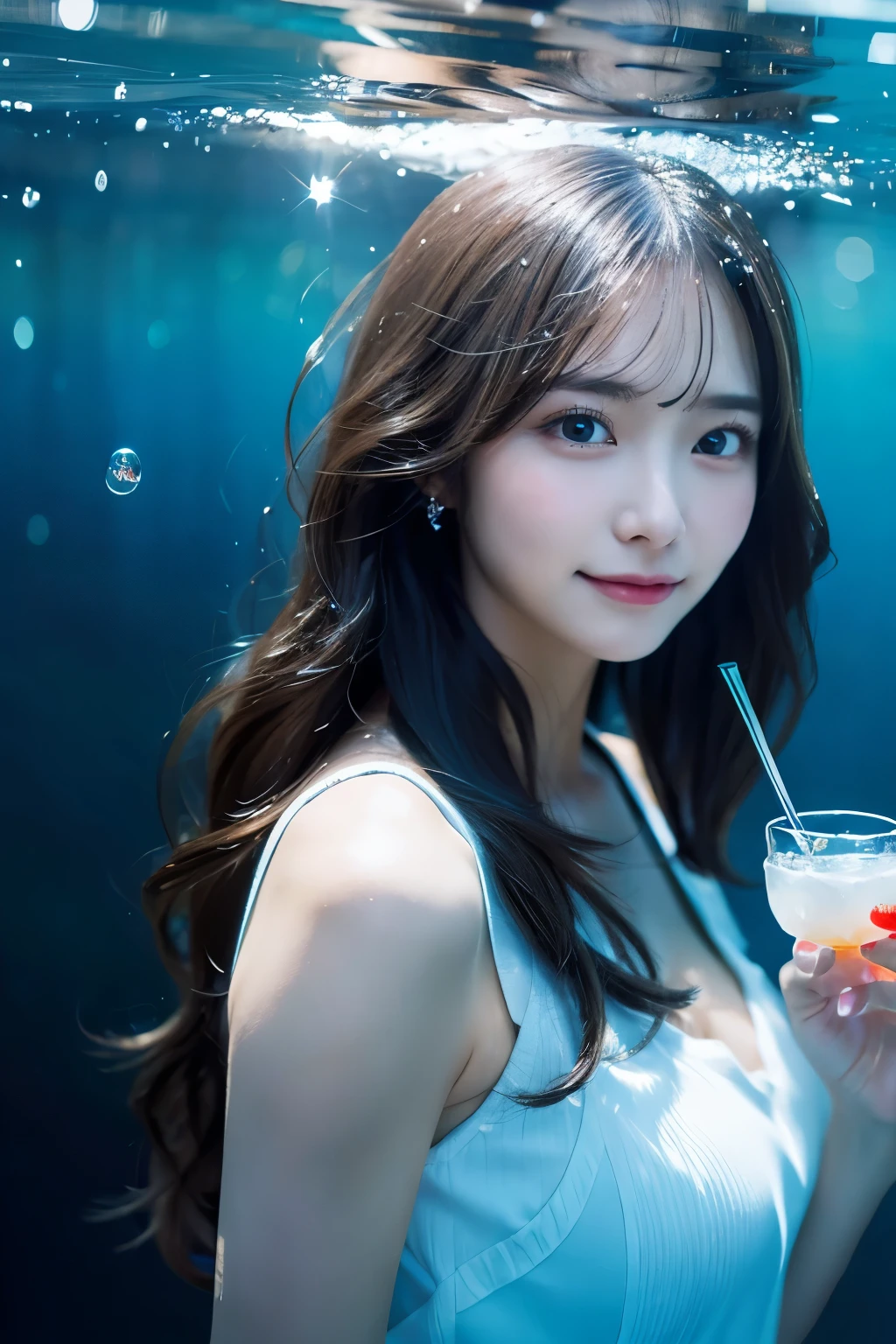 masterpiece , Realistic , High resolution, Girl holding a glass of blue water , Water splashes on glass, Long Hair Girl, In the style of realism, Gombi, beautiful girl, Simple Background, Lots of bubbles around ,