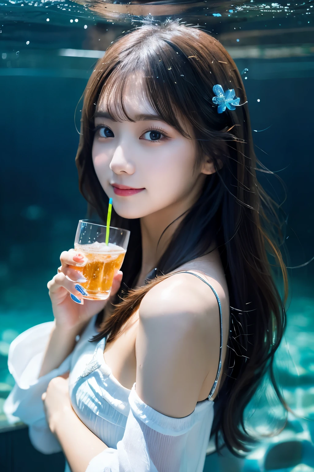 masterpiece , Realistic , High resolution, Girl holding a glass of blue water , Water splashes on glass, Long Hair Girl, In the style of realism, Gombi, beautiful girl, Simple Background, Lots of bubbles around ,
