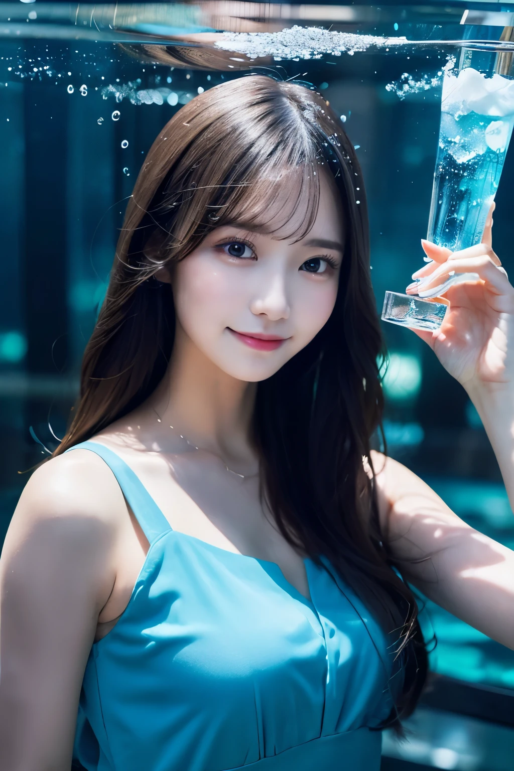 masterpiece , Realistic , High resolution, Girl holding a glass of blue water  , Water splashes on glass, Long Hair Girl, In the style of realism,  Gombi,  beautiful girl,  Simple Background, Lots of bubbles around ,