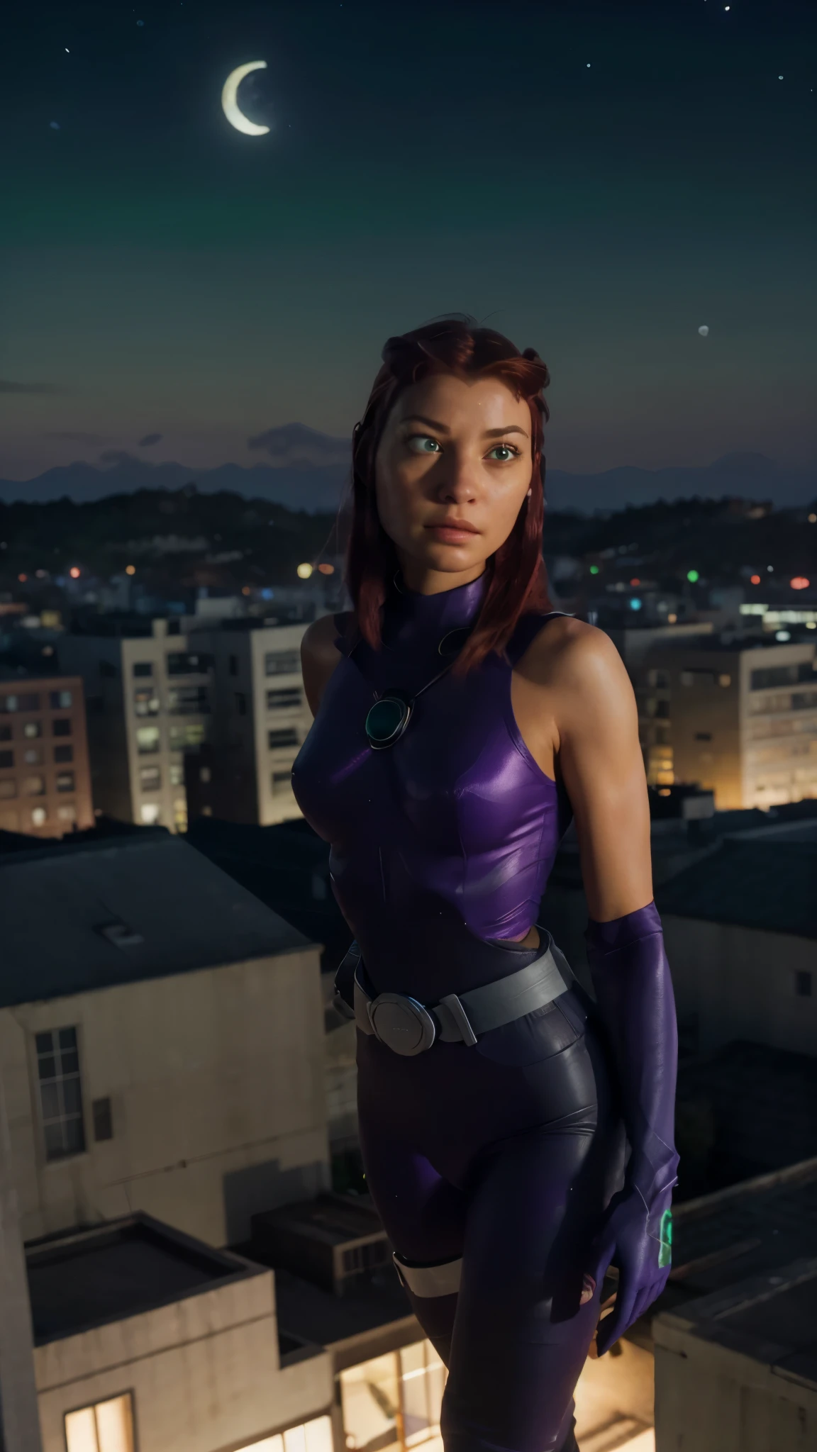 Starfire-Teen Titans, orange skin, solo, red hair, gloves, 1girl, action shot, girl focus, boots, belt, abs, skin tight, realistic, superhero, spandex, (bodysuit), green eyes, detailed eyes, city, night, moon, ultra realistic,32k,RAW photo,(high detailed skin:1.2), 8k uhd, dslr, soft lighting, high quality, film grain, GLOWING GREEN HANDS, hovering in the sky, photo-realistic, octane render, unreal engine, ultra-realistic