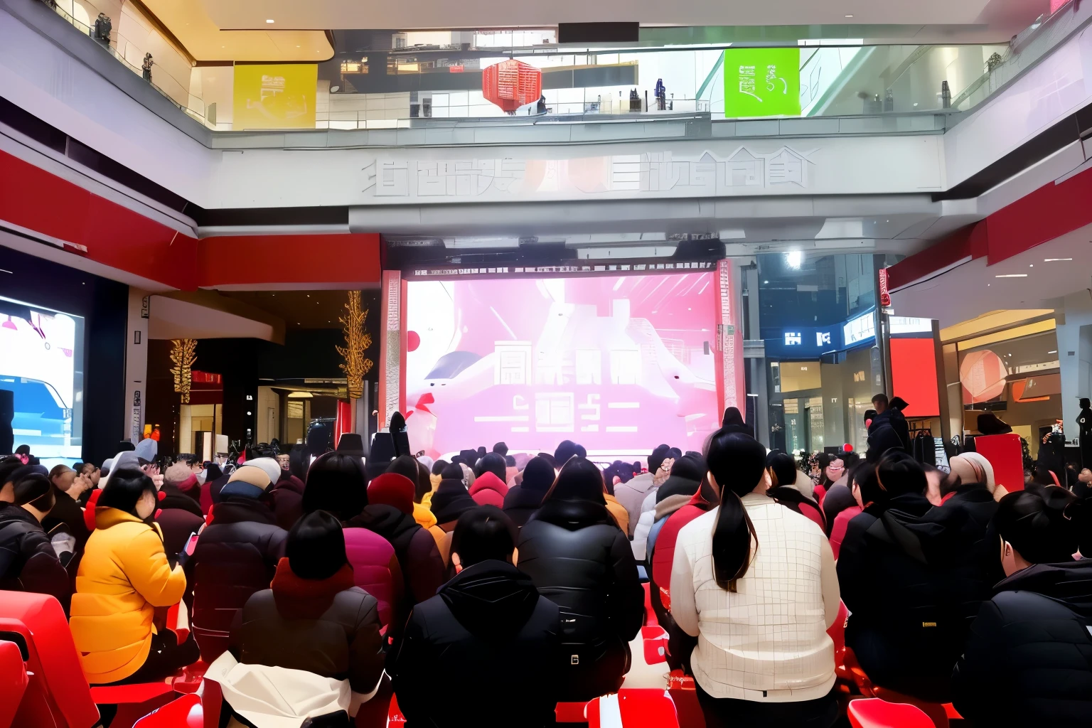 People sit on chairs in a large room with a screen, appearing in a shopping mall, Giant red LED screen, At the mall里, Large Commercial LED Screen, In the magnificent shopping mall, Broad View, Very energetic, Chinese New Year in Shanghai, Warm and convivial atmosphere, Giant LED screen, 💣 💥, event, At the mall, Large LED screen