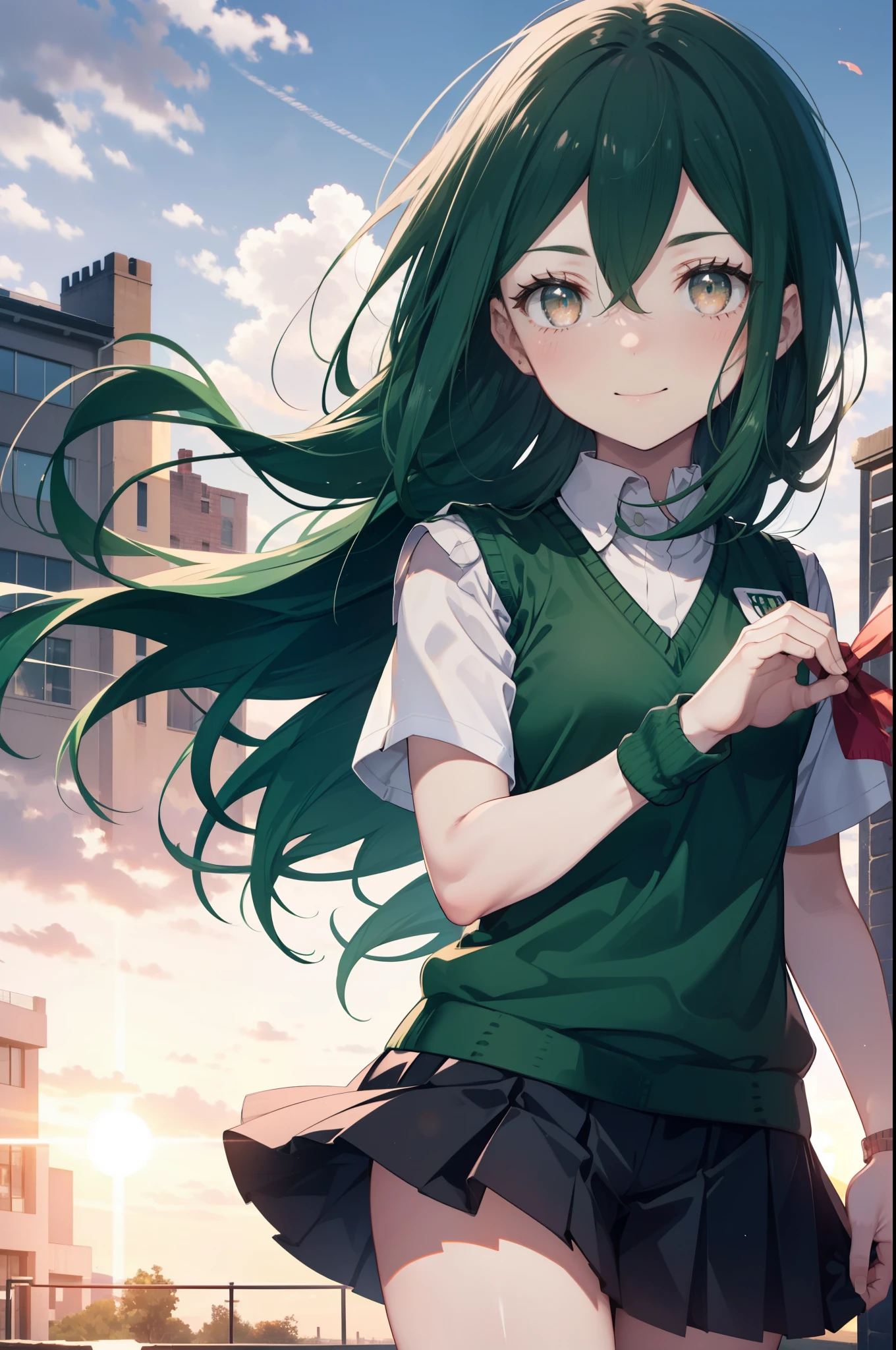 CruschKarsten, Crusch Karsten, Long Hair, Hair between the eyes, Green Hair, (Brown eyes:1.4),smile,,
Armband, White shirt,Short sleeve,Sweater vest, (green Sweater vest:1.5),Black pleated skirt,Black socks,Brown Loafers,whole bodyがイラストに入るように,Sunset,evening,The sun is setting,歩いている
break outdoors, School　courtyard,
break looking at viewer,whole body,
break (masterpiece:1.2), highest quality, High resolution, unity 8k wallpaper, (shape:0.8), (Beautiful and beautiful eyes:1.6), extレムely detailed face, Perfect lighting, extレムely detailed CG, (Perfect hands, Perfect Anatomy),