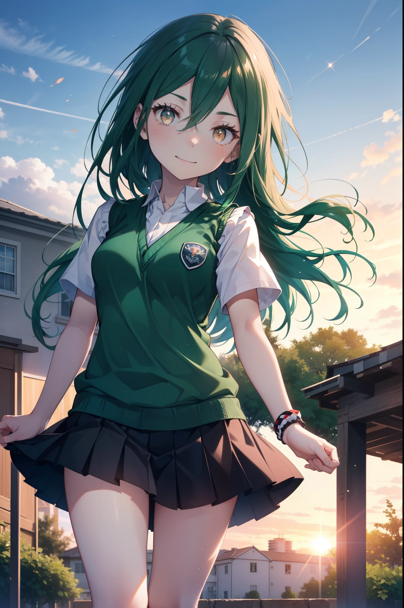 CruschKarsten, Crusch Karsten, Long Hair, Hair between the eyes, Green Hair, (Brown eyes:1.4),smile,,
Armband, White shirt,Short sleeve,Sweater vest, (green Sweater vest:1.5),Black pleated skirt,Black socks,Brown Loafers,whole bodyがイラストに入るように,Sunset,evening,The sun is setting,歩いている
break outdoors, School　courtyard,
break looking at viewer,whole body,
break (masterpiece:1.2), highest quality, High resolution, unity 8k wallpaper, (shape:0.8), (Beautiful and beautiful eyes:1.6), extレムely detailed face, Perfect lighting, extレムely detailed CG, (Perfect hands, Perfect Anatomy),