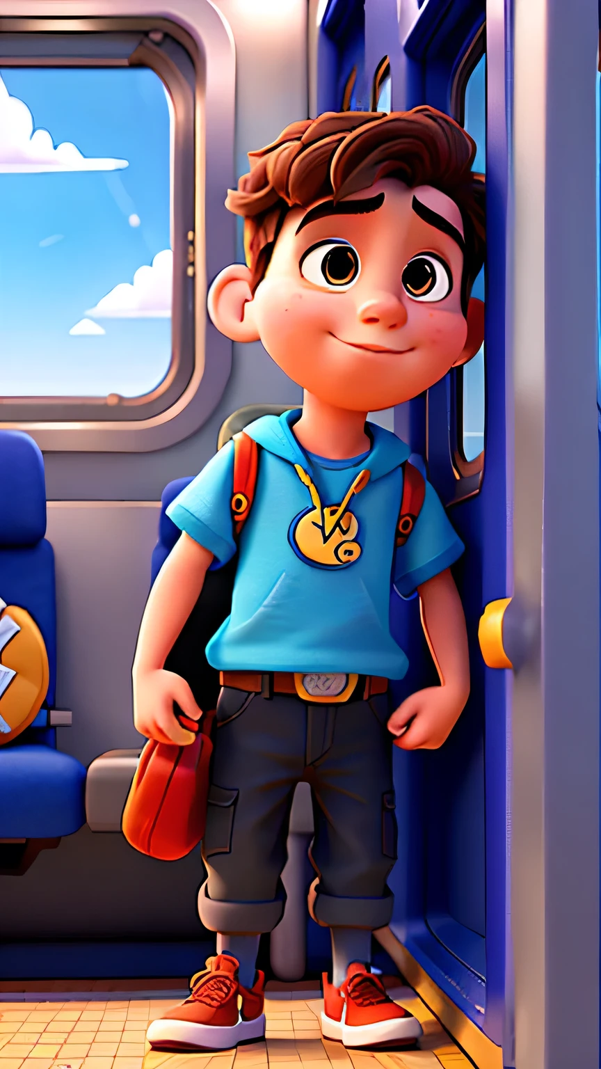 Generate high-quality Disney Pixar movie-style images depicting  of an boy setting in the train playing   , 8k realistic