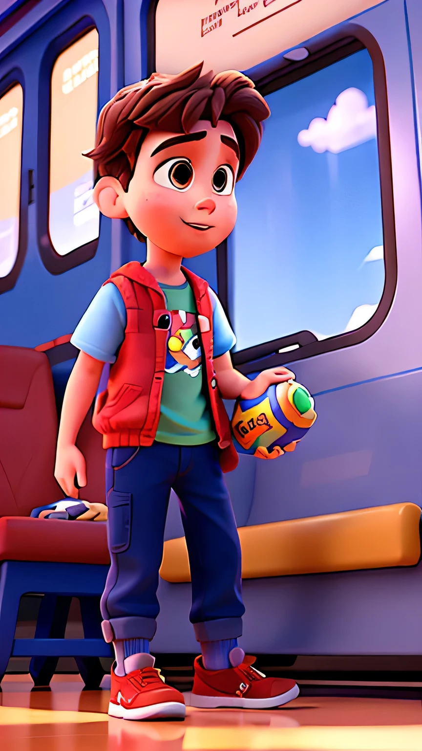 Generate high-quality Disney Pixar movie-style images depicting of an boy setting in the train playing with his toy , 8k realistic