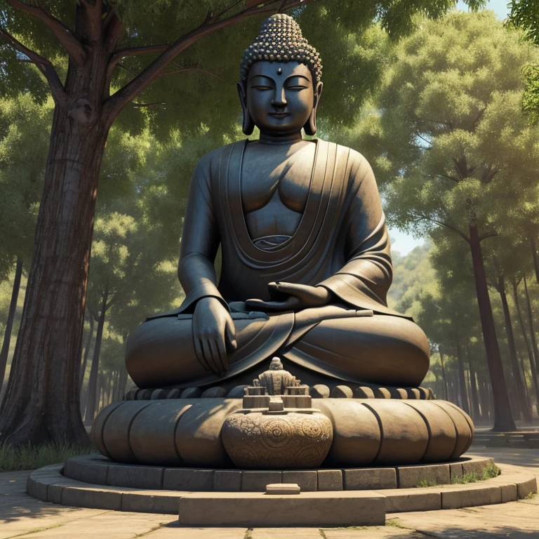 "The 3D picture of Buddha sitting under a tree."