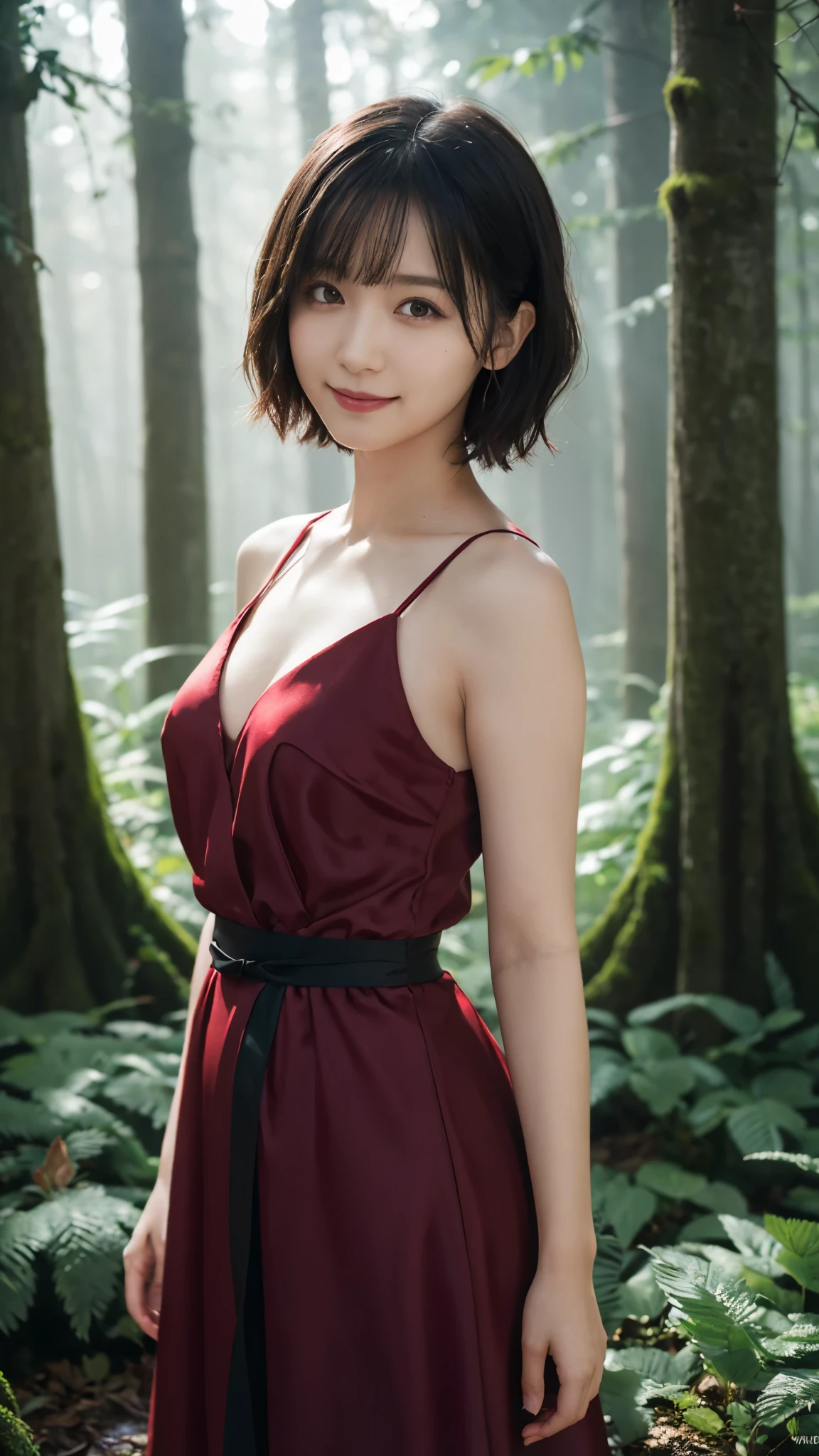 (highest quality,masterpiece:1.3,Ultra-high resolution),(Super detailed,Caustics,8k), (Photorealistic:1.4, RAW shooting),(A forest shrouded in a mysterious, dense fog),Sunlight filtering through the trees ,Light pours down,20-year-old,cute,Are standing,smile,Looking into the camera,Black short hair,(Crimson Dress), (Waist up shot),Natural light