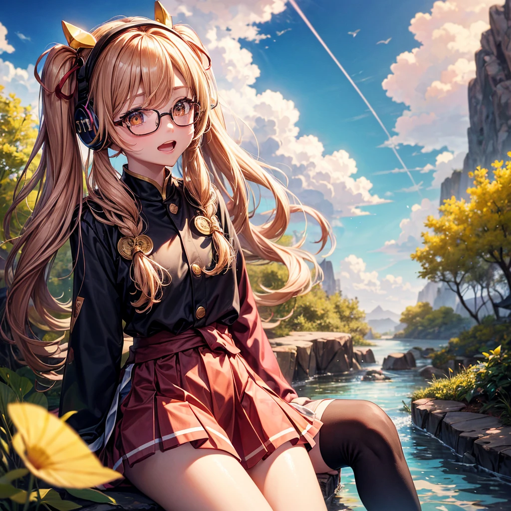 Pink gold golden hair、Golden Eyes、One good looking girl、Twin tails、solo、anime、Checkered mini skirt、The skirt has buttons、Red T-shirt、Long sleeve、China、Cape、Black knee-high socks、Wearing headphones、Wearing a ribbon、Ribbon on waist、Tilting face、Teeth are visible、Sunset sky、The rocks are exploding、Rocky Mountain、The clouds are breaking through、Contrail、Glasses、Behind him is a giant World Tree piercing the clouds.、Sitting、Touching your face、lotus leaves、stream