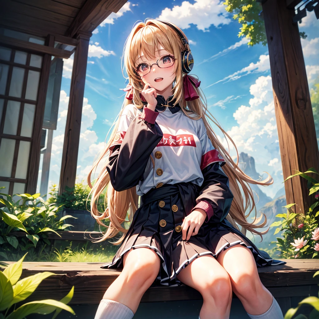 Pink gold golden hair、Golden Eyes、One good looking girl、Twin tails、solo、anime、Checkered mini skirt、The skirt has buttons、Red T-shirt、Long sleeve、China、Cape、Black knee-high socks、Wearing headphones、Wearing a ribbon、Ribbon on waist、Tilting face、Teeth are visible、Sunset sky、The rocks are exploding、Rocky Mountain、The clouds are breaking through、Contrail、Glasses、Behind him is a giant World Tree piercing the clouds.、Sitting、Touching your face、lotus leaves、stream