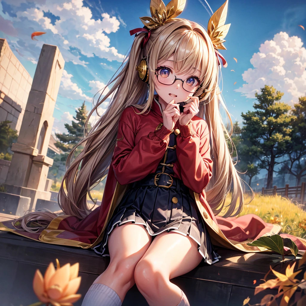 Pink gold golden hair、Golden Eyes、One good looking girl、Twin tails、solo、anime、Checkered mini skirt、The skirt has buttons、Red T-shirt、Long sleeve、China、Cape、Black knee-high socks、Wearing headphones、Wearing a ribbon、Ribbon on waist、Tilting face、Teeth are visible、Sunset sky、The rocks are exploding、Rocky Mountain、The clouds are breaking through、Contrail、Glasses、Behind him is a giant World Tree piercing the clouds.、Sitting、Touching your face、lotus leaves、stream