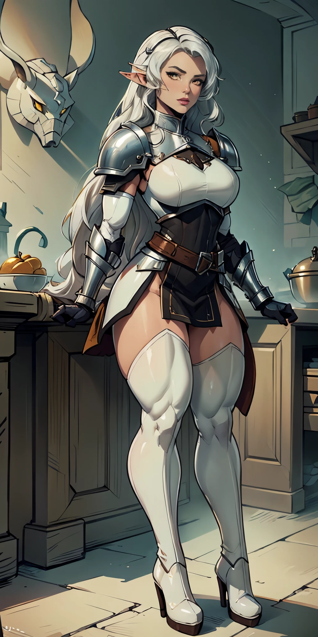 masterpiece, best quality, high quality, white SKIN elf, long hair, white hair, yellow eyes, full body, def_effie, blue breastplate, white skin, looking at viewer, shiny armor, thigh highs, high boots, shoulder armor, faulds, poleyn, gloves, gauntlets