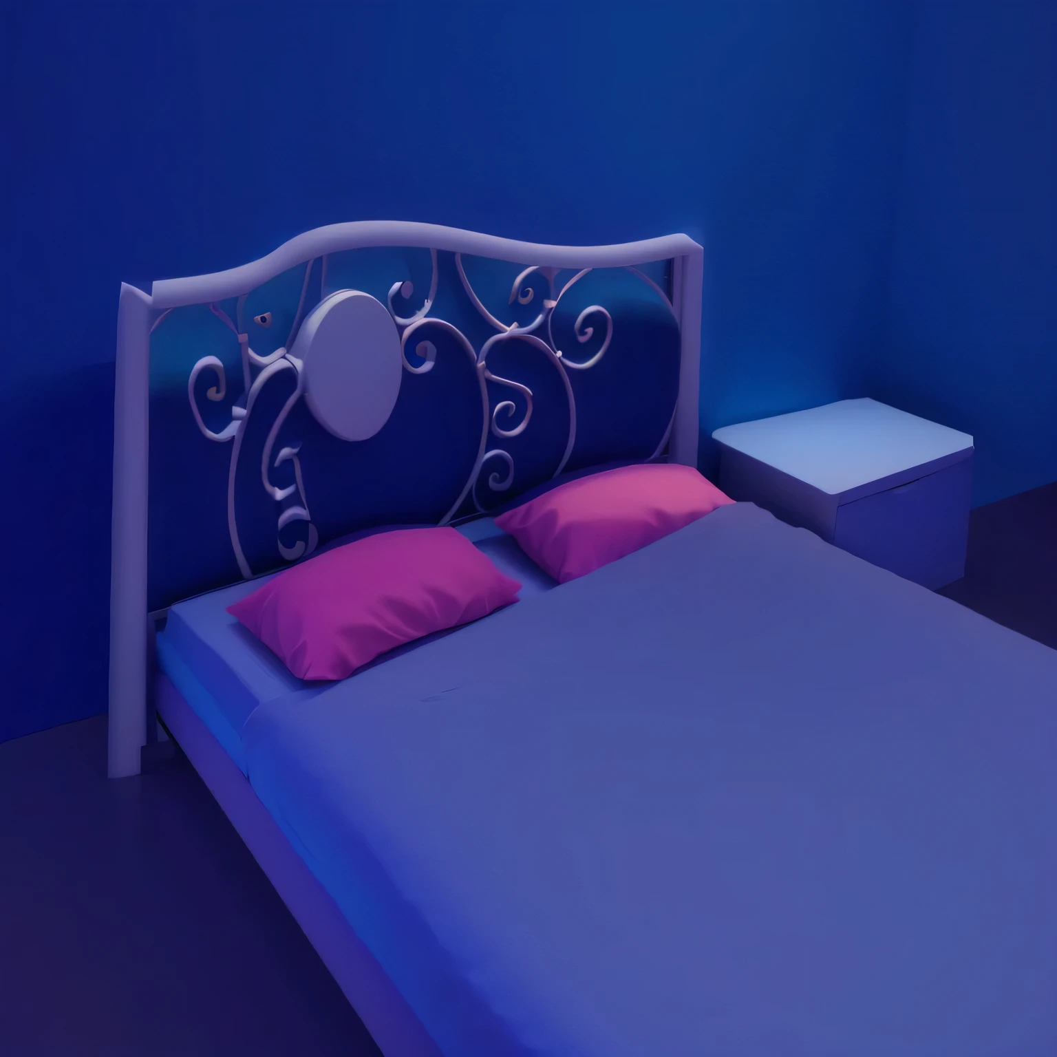 there is a floor with a blue headboard and pink pillows, A quiet night. Digital illustration, floorroom background, floor, Personal room background, floor on the right, small floor not made, depicted as a 3 d render, Stylized as 3D rendering, Render with blender, floor room, dim floorroom, Soft 3d rendering, ghostly teenager floorroom