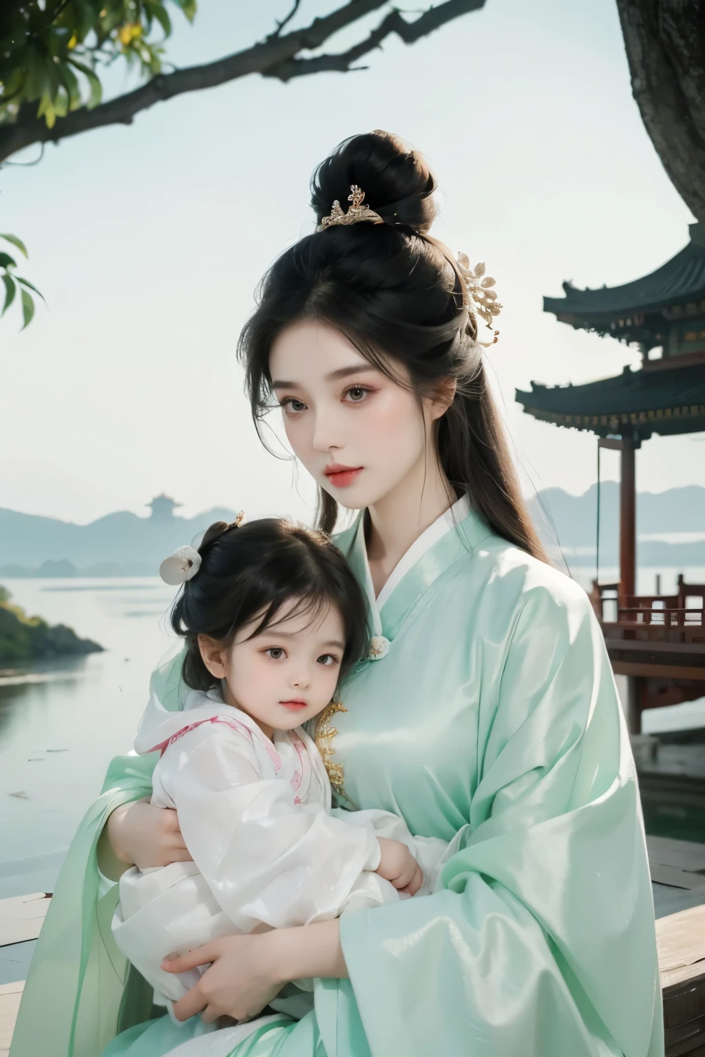 golden colored,Chinese palaces,2girls,Empress and princess,Mother and daughter,Lily,brunette color hair,By bangs,Chinese long skirt,flower,35 and ,Phoenix crown,Smile,