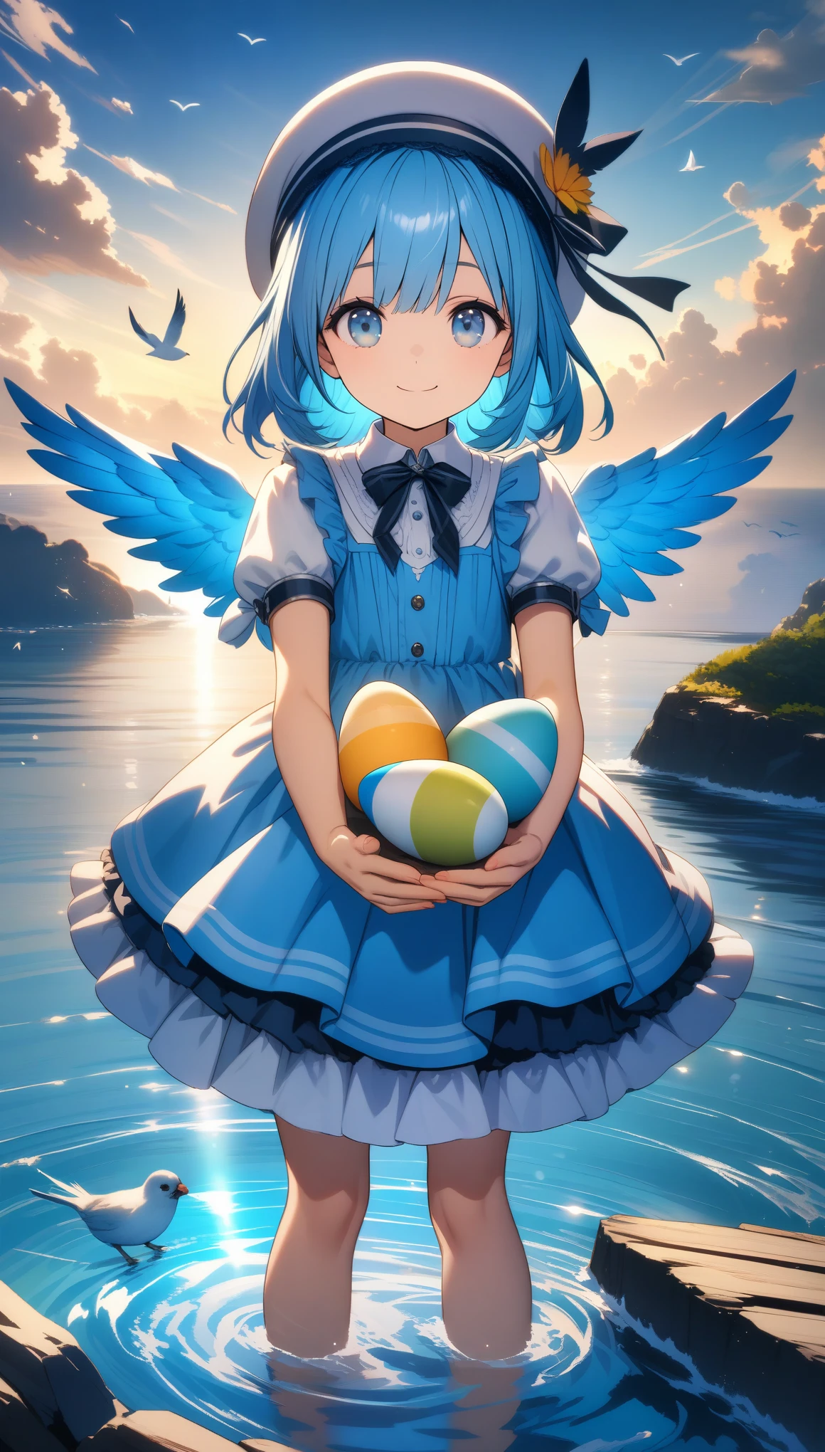 32k, best quality, ultra high res, HDR, UHD, extremely detailed CG, unity 32k wallpaper, A world full of eggs, 16 years old, Holding a rainbow-colored egg in both hands, Very cute girl, Blue Hair, blue eyes, A beautiful and cute blue dress, from the front, A very beautiful sea background, Standing on the water, Particles that glow blue, bird, cloud, Egg with wings, Close your mouth and smile happily, Cute hat with feathers, 