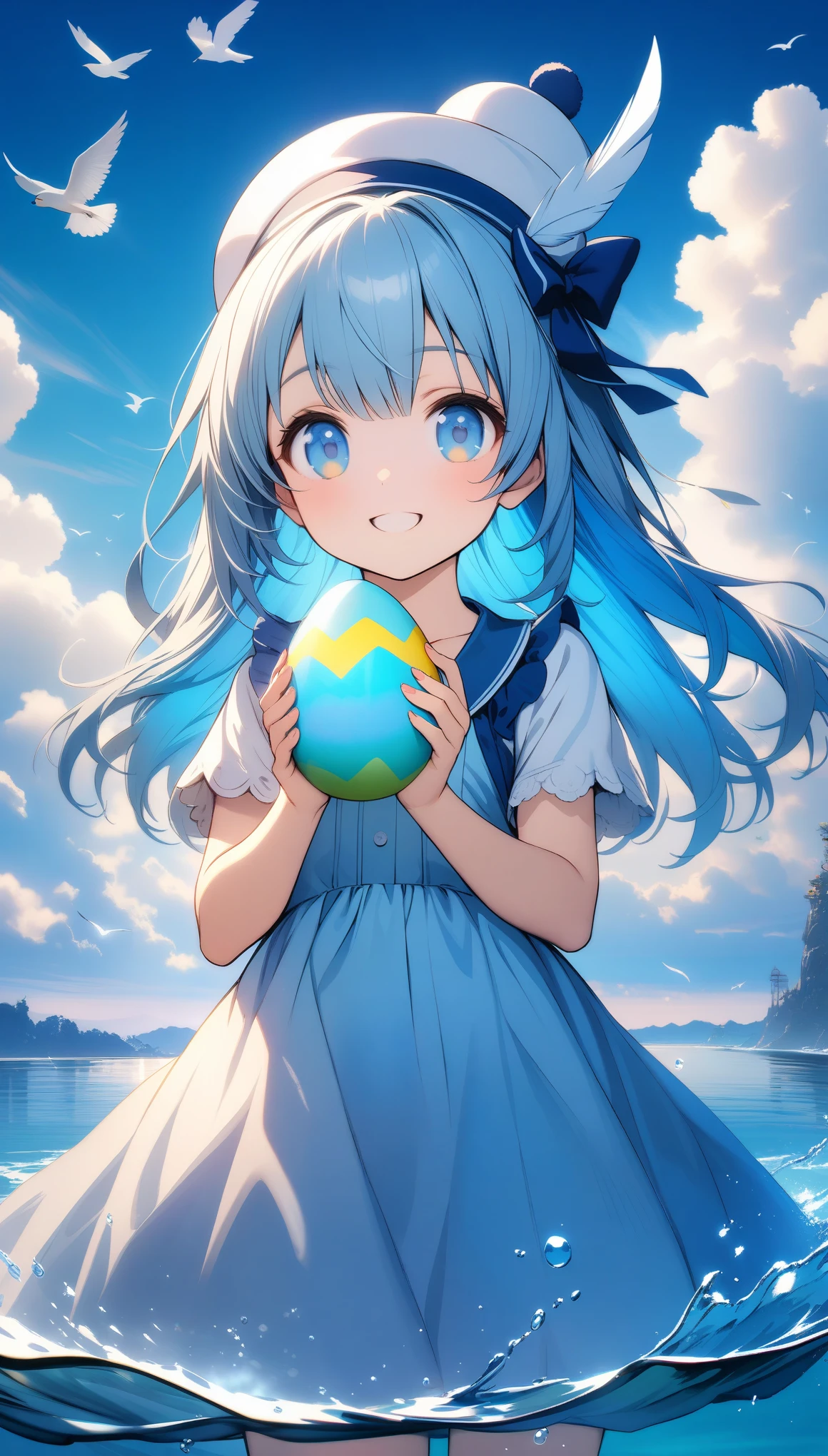 32k, best quality, ultra high res, HDR, UHD, extremely detailed CG, unity 32k wallpaper, A world full of eggs, 16 years old, Holding a rainbow-colored egg in both hands, Very cute girl, Blue Hair, blue eyes, A beautiful and cute blue dress, from the front, A very beautiful sea background, Standing on the water, Particles that glow blue, bird, cloud, Egg with wings, Close your mouth and smile happily, Cute hat with feathers, 