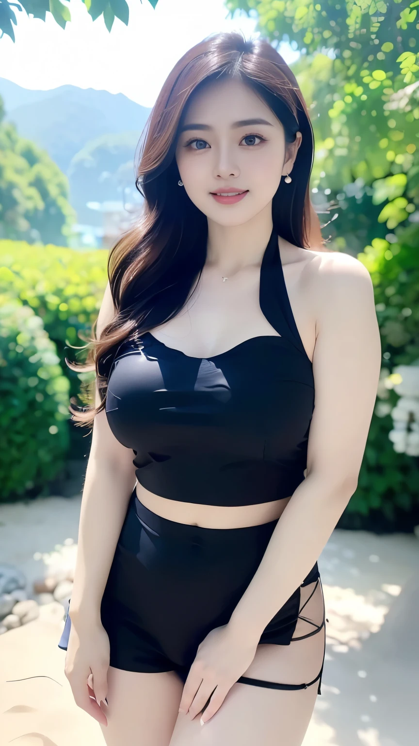 (Most beautiful married Japanese woman), 30 years old, super detailed face, Detailed lips, (big eyes:1.4), Double eyelids, Thick brown curly hair, (laughs) 、(Teeth white), (Open lips), ((wearing a see-through black halter top, showing off her breasts))、((full breasts)), thighs thighs thighs thighs、(Cowboy Shot:1.3), Perfect fit , depth of field、Perfect optical image, Backdrop with :((beautiful beach posing, detailed outfits, Perfect lighting、Ultra-realistic、Photorealistic、8K max resolution, (​masterpiece), extremely detailed, Professional