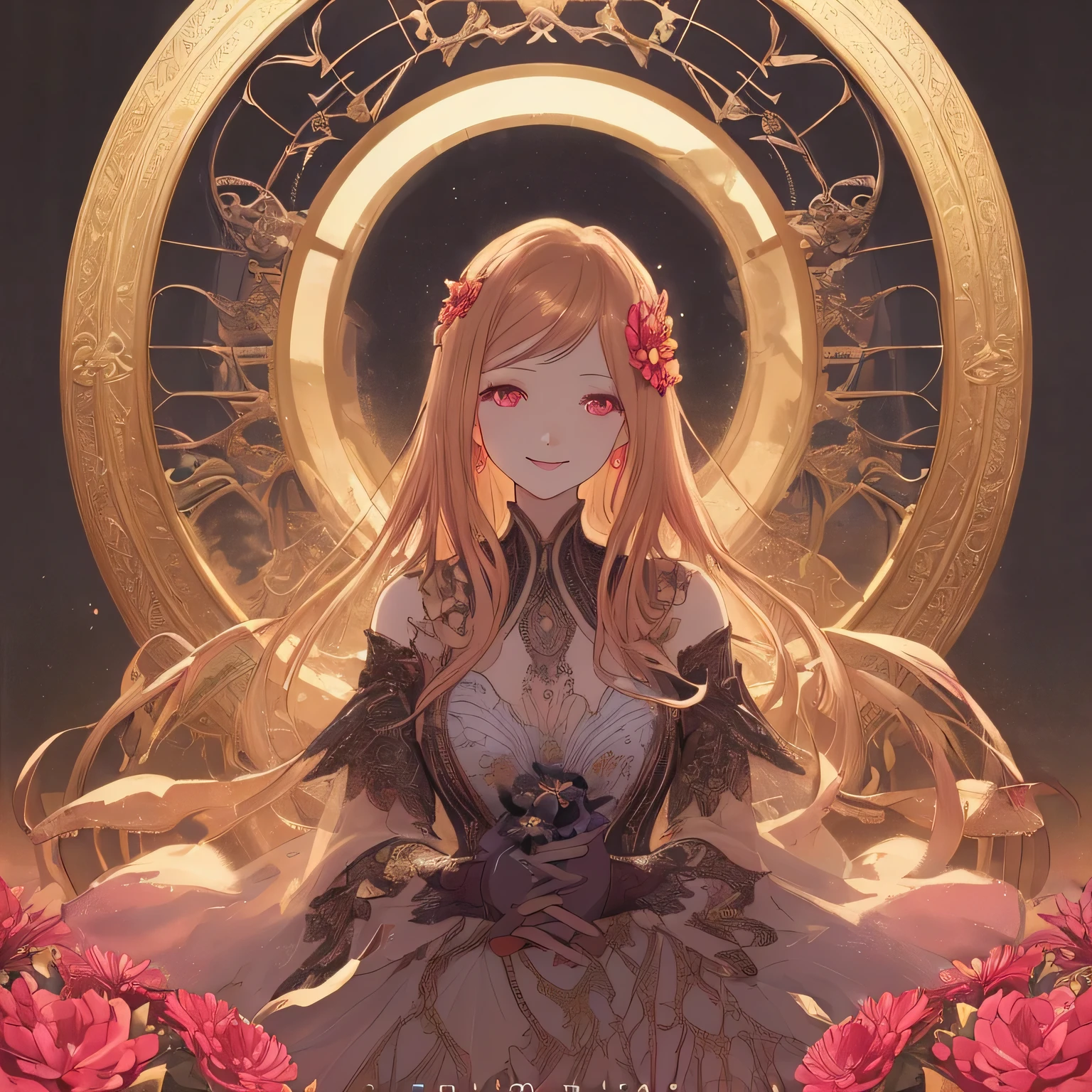 Dahlia themed artwork, ((highest quality)), High resolution, 8k, Cinematic Light, High Contrast, Written boundary depth、smile、Noble、beautiful, Strong brilliance, Detailed Background, One Girl, cute, fine grain, Elegant detailed iris,Healing、showcasing a powerful、