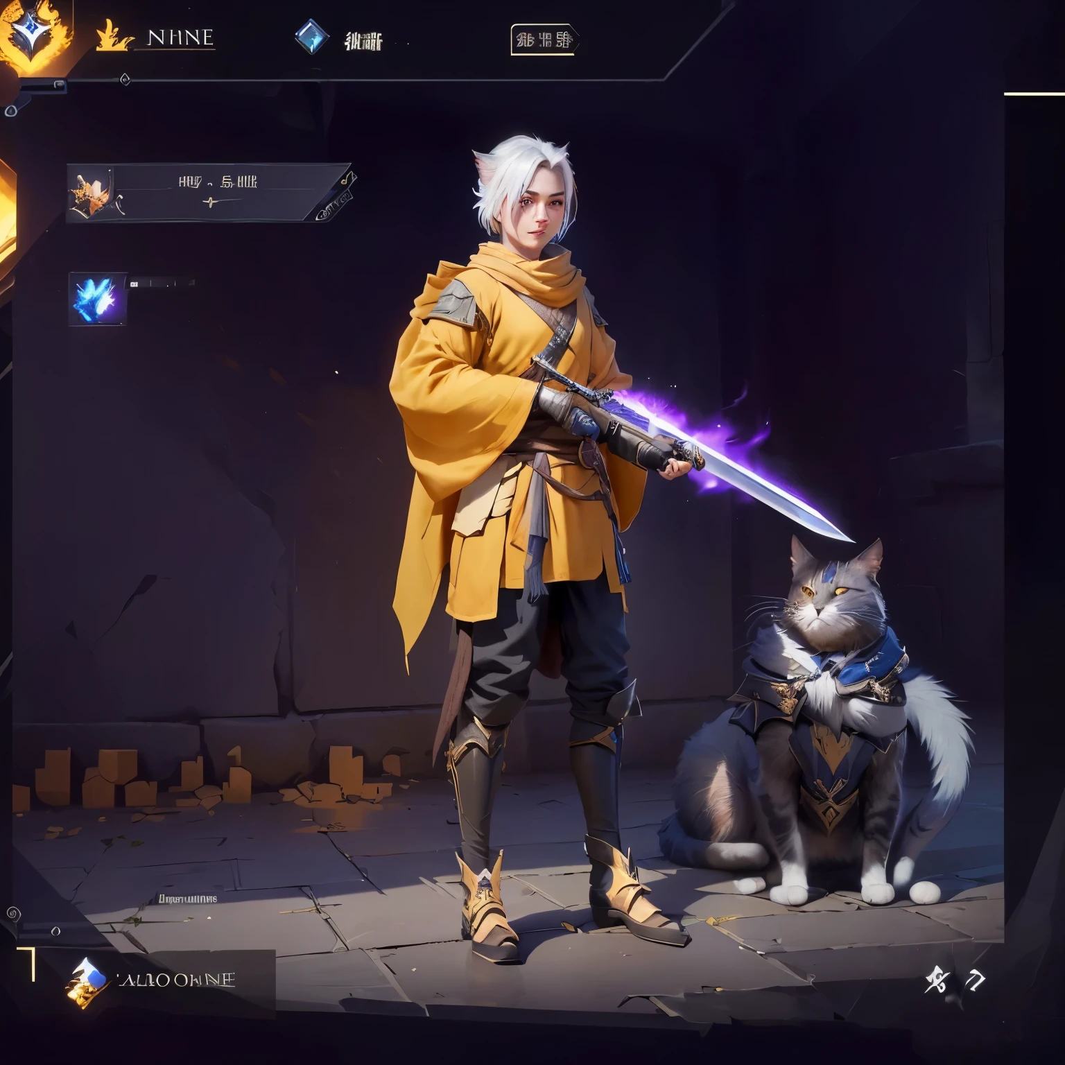 a close up of a person holding a sword and a cat, ingame image, tane skin, kenku, unreal ungine 5, in - game, in-game, detailed image, inspired by Kun Can, ingame, gapmoe grimdark, inspired by Liang Kai, olchas logan cure liang xing, 8 k character details