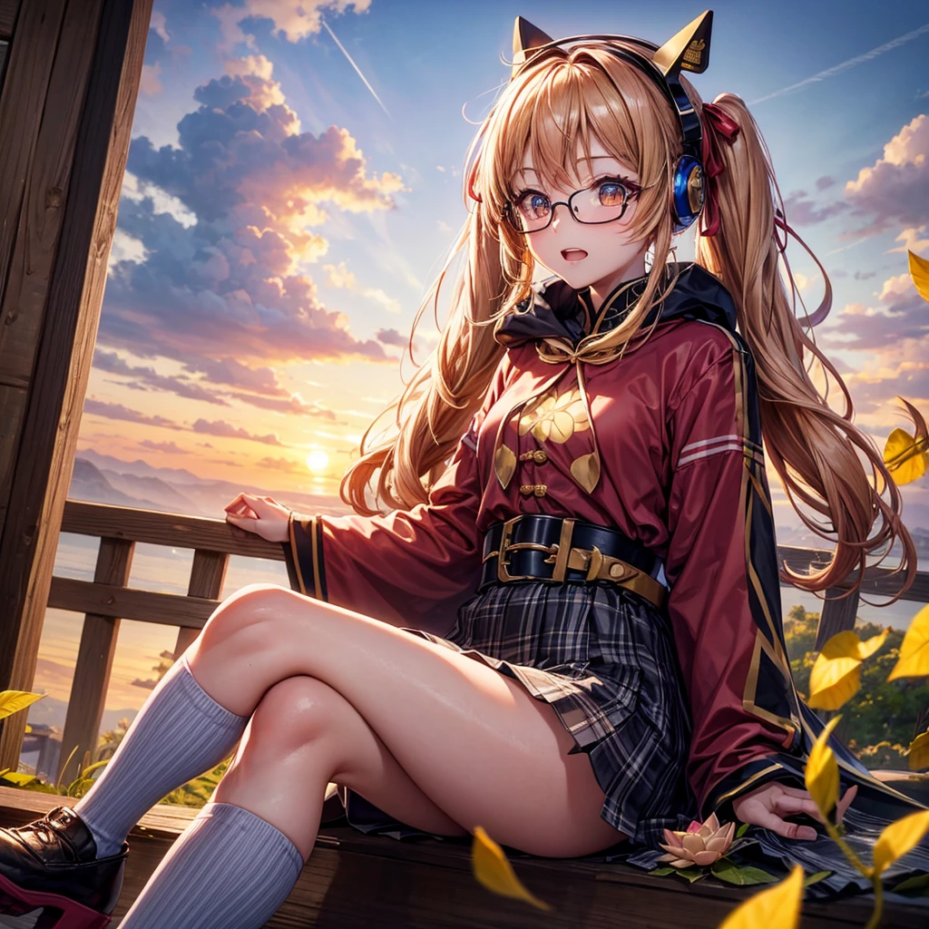 Pink gold golden hair、Golden Eyes、One good looking girl、Twin tails、solo、anime、Checkered mini skirt、The skirt has buttons、Red T-shirt、Long sleeve、China、Cape、Black knee-high socks、Wearing headphones、Wearing a ribbon、Ribbon on waist、Tilting face、Teeth are visible、Sunset sky、Rocky Mountain、Piercing the clouds、Contrail、Glasses、tree、Sitting、Touching your face、lotus leaves、canal、Cumulonimbus