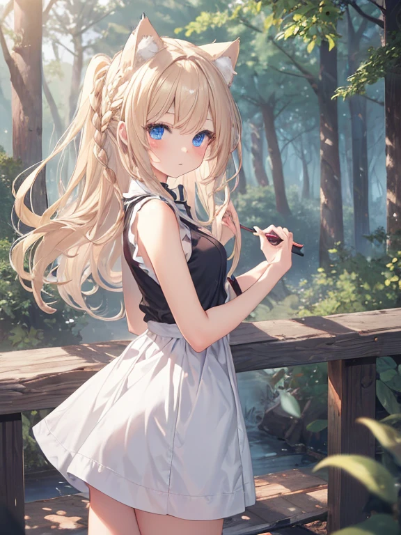 masterpiece, highest quality, Very detailed, 16k, Ultra-high resolution、Cowboy Shot, One 14-year-old girl, Detailed face, Perfect Fingers, Cat ears, blue eyes, Blonde, Braid, Sleeveless, Light clothing, in the forest, During a walk