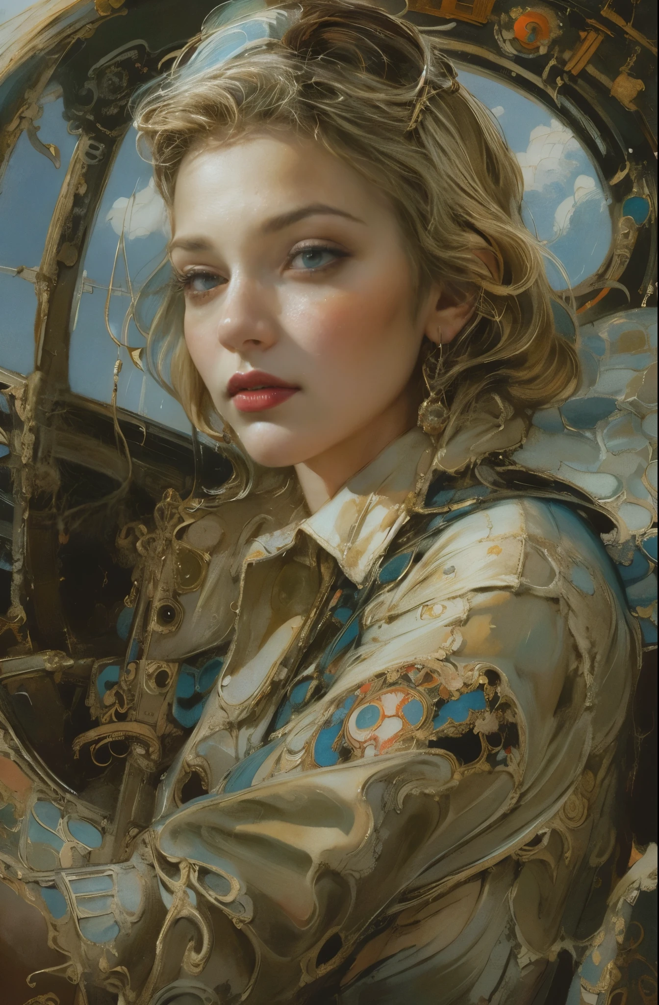 A beautiful portrait of a female pilot, 1930s Cessna, Dream of flying through the sky, Pioneer women aviators, Put on the goggles, Marlene Dietrich, Icons of decadence, pretty much beautiful face, Ultra-detailed paintings inspired by WLOP, ArtStation Trends, Fantasy art, intricate WLOP, art of WLOP, WLOPart, WLOP |, the style of WLOP, Beautiful character drawings, WLOP painting style, WLOP | art germ, Unparalleled Beauty Tumbler, Figurative art, Intense watercolor, Watercolor detailed art, Watercolor splash, Surreal, Avant-garde pop art, Beautiful and expressive paintings, Beautiful artwork illustration, Very colorful tones, wonderful, Cool Beauty, masterpiece, highest quality, Official Art, women only, Sharp contours, Best Shot, Vector art, By Sandra Chevrier, Dave McKean、Richard Avedon、By Makiej Kusiala, Bright design