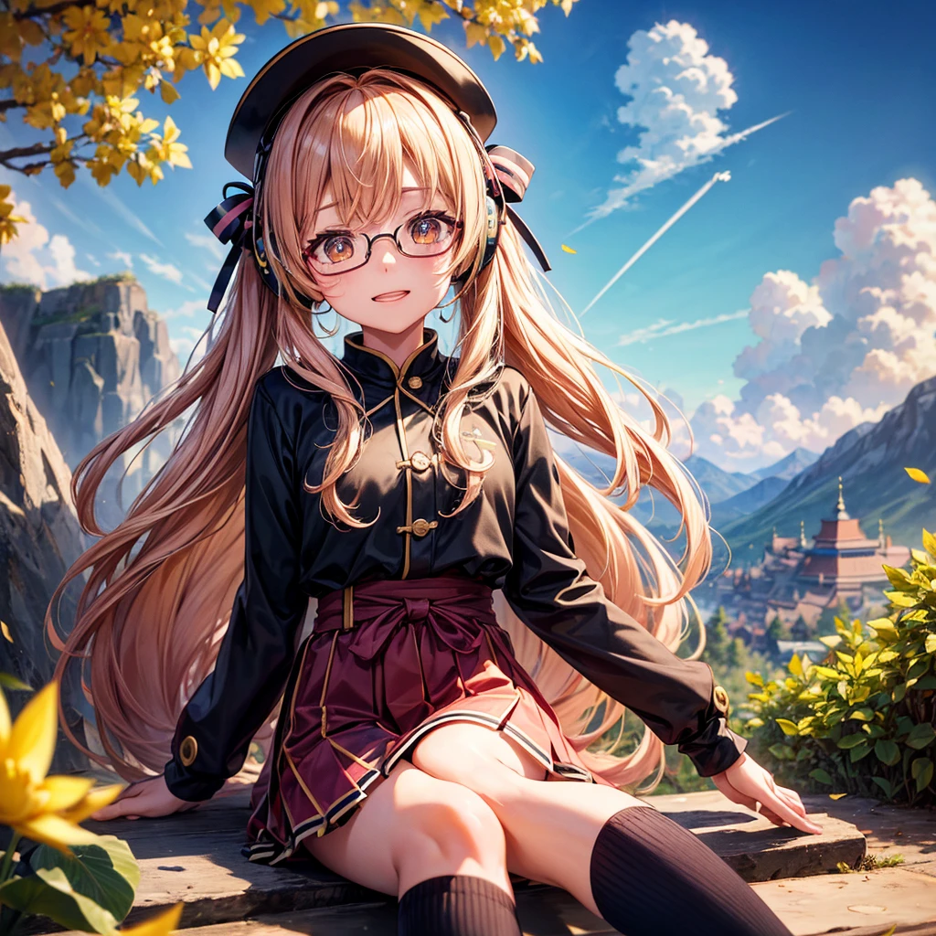 Pink gold golden hair、Golden Eyes、One good looking girl、Twin tails、solo、anime、Checkered mini skirt、The skirt has buttons、Red T-shirt、Long sleeve、China、Cape、Black knee-high socks、Wearing headphones、Wearing a ribbon、Ribbon on waist、Tilting face、Teeth are visible、Sunset sky、The rocks are exploding、Rocky Mountain、The clouds are breaking through、Contrail、Glasses、Behind him is a giant World Tree piercing the clouds.、Sitting、Touching your face、lotus leaves、stream