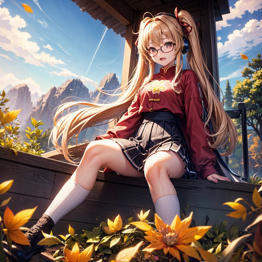 Pink gold golden hair、Golden Eyes、One good looking girl、Twin tails、solo、anime、Checkered mini skirt、The skirt has buttons、Red T-shirt、Long sleeve、China、Cape、Black knee-high socks、Wearing headphones、Wearing a ribbon、Ribbon on waist、Tilting face、Teeth are visible、Sunset sky、The rocks are exploding、Rocky Mountain、The clouds are breaking through、Contrail、Glasses、Behind him is a giant World Tree piercing the clouds.、Sitting、Touching your face、lotus leaves、stream