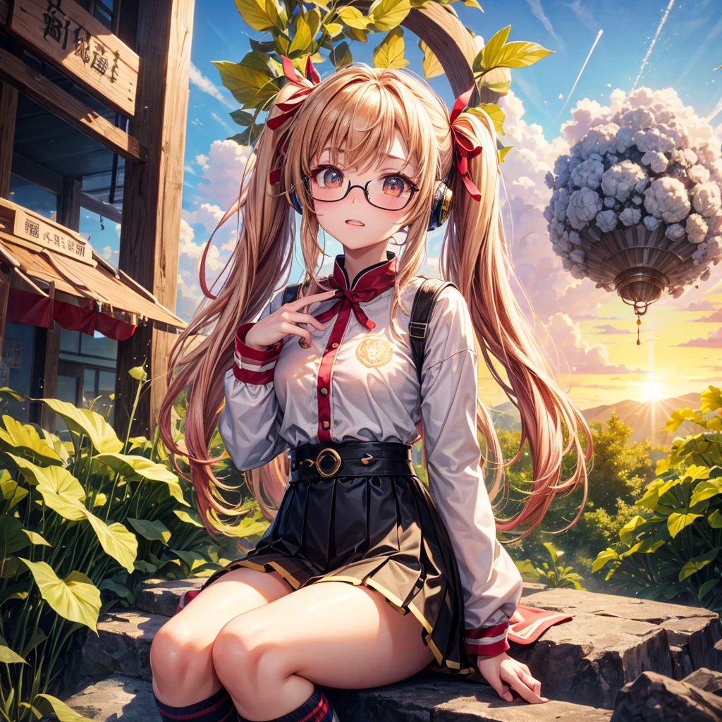 Pink gold golden hair、Golden Eyes、One good looking girl、Twin tails、solo、anime、Checkered mini skirt、The skirt has buttons、Red T-shirt、Long sleeve、China、Cape、Black knee-high socks、Wearing headphones、Wearing a ribbon、Ribbon on waist、Tilting face、Teeth are visible、Sunset sky、The rocks are exploding、Rocky Mountain、The clouds are breaking through、Contrail、Glasses、Behind him is a giant World Tree piercing the clouds.、Sitting、Touching your face、lotus leaves、stream