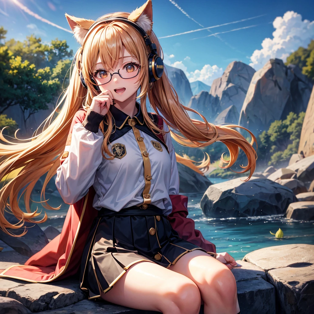 Pink gold golden hair、Golden Eyes、One good looking girl、Twin tails、solo、anime、Checkered mini skirt、The skirt has buttons、Red T-shirt、Long sleeve、China、Cape、Black knee-high socks、Wearing headphones、Wearing a ribbon、Ribbon on waist、Tilting face、Teeth are visible、Sunset sky、The rocks are exploding、Rocky Mountain、The clouds are breaking through、Contrail、Glasses、Behind him is a giant World Tree piercing the clouds.、Sitting、Touching your face、lotus leaves、stream