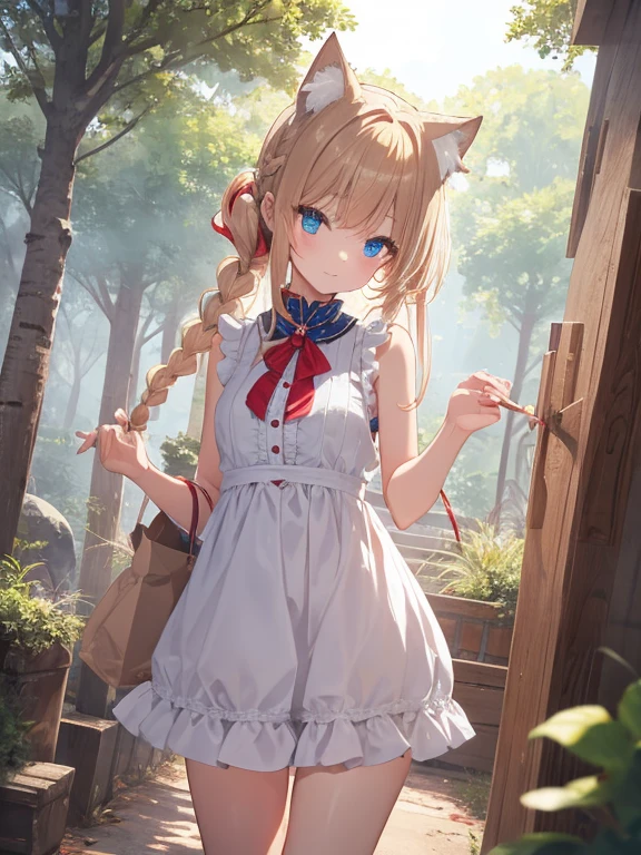 masterpiece, highest quality, Very detailed, 16k, Ultra-high resolution、Cowboy Shot, One 14-year-old girl, Detailed face, Perfect Fingers, Cat ears, blue eyes, Blonde, Braid, Sleeveless, Light clothing, in the forest, During a walk